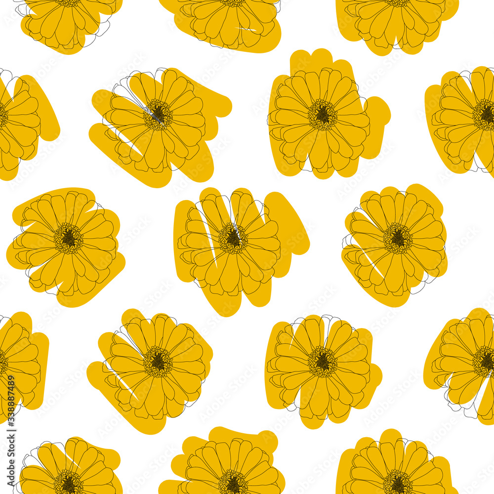 Black line hand-drawn flowers vector on yellow scribble isolated seamless pattern Black line hand-drawn flowers vector on yellow scribble isolated seamless pattern