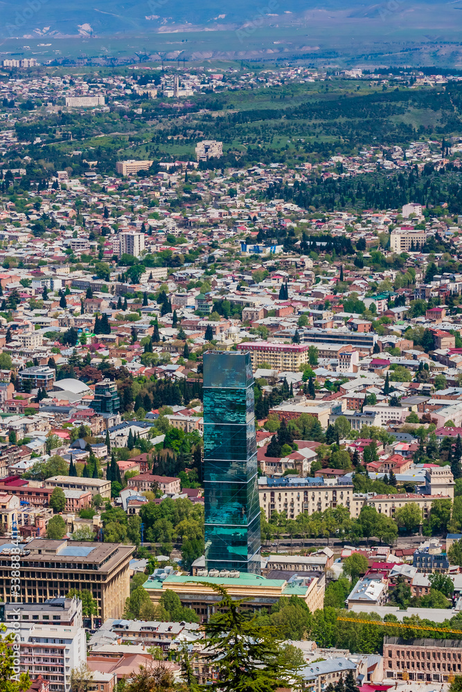 Millennium Hotel, old town and modern architectureand ,  view from Mt Mtatsminda. Tbilisi. Georgia.