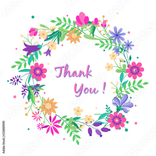 Summer or Spring Floral Greeting Card decor with flower bouquet. Thank you botanical natural Illustration on white background