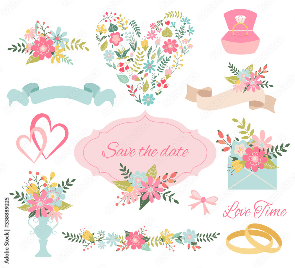 Wedding graphic set, wreath, flowers, arrows, hearts, laurel, ribbons and labels on white background