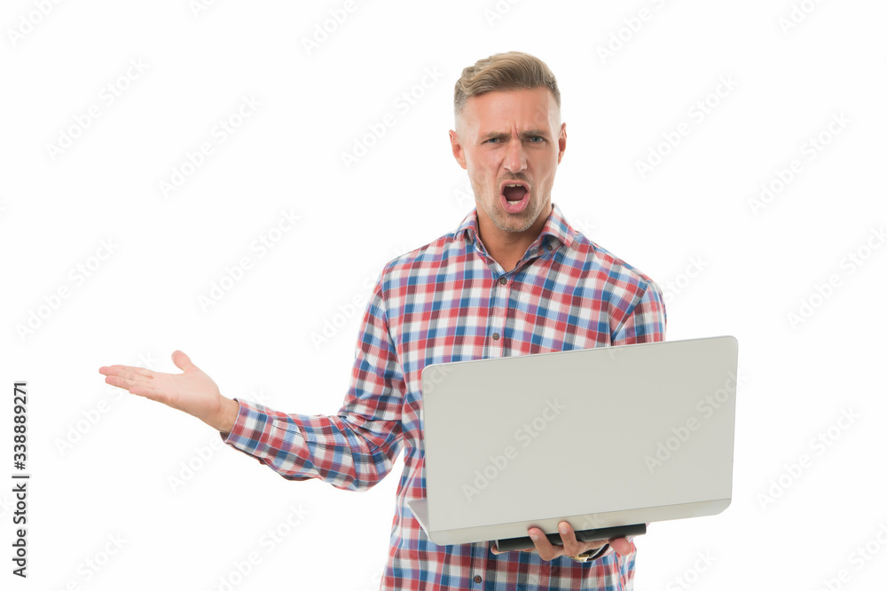 Virus alert. Desperate man hold laptop isolated on white. Computer infected with virus. Virus detection system. Antivirus software. Cybersecurity. Malware. Computer virus. Social media scam Virus alert. Desperate man hold laptop isolated on white. Computer infected with virus. Virus detection system. Antivirus software. Cybersecurity. Malware. Computer virus. Social media scam