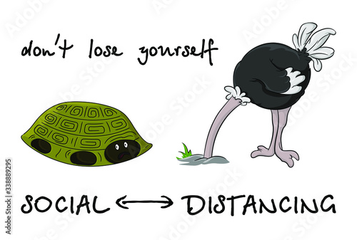 Quarantine solitude and physical distancing caricature symbolize fear with do not lose yourself inscription slogan, vector illustration