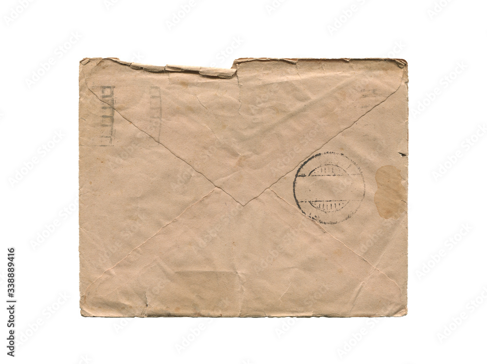 front view of old closed aged paper envelope isolated on white