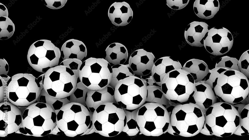 Animation 3D transition of falling soccer balls on black background and filling the screen. Alpha channel. Animation 3D transition of falling soccer balls on black background and filling the screen. Alpha channel.