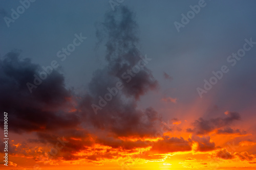 Colourful evening sky painted with red, orange, blue, grey, pink colours