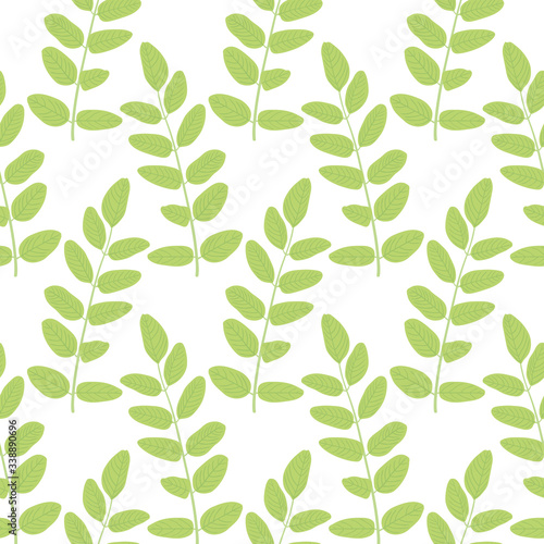 Light green hand-drawn leaves vector seamless pattern. Isolated on white.