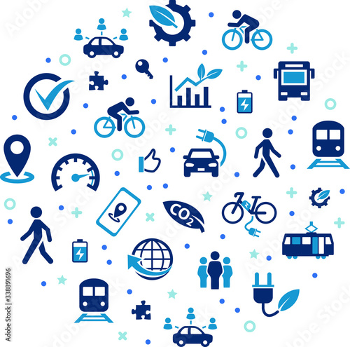 new mobility vector illustration. Concept with icons related to alternative ecological public transport: bus, bike, car sharing, train / urban transportation infrastructure / sustainable traffic.