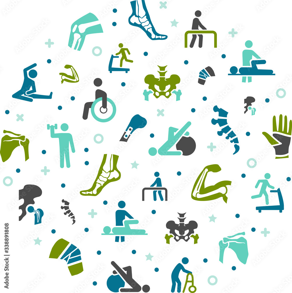physiotherapy / orthopaedics vector illustration. Concept with connected icons related to skeletal and bone anatomy, physical therapy or chiropractic treatment. - obrazy, fototapety, plakaty 
