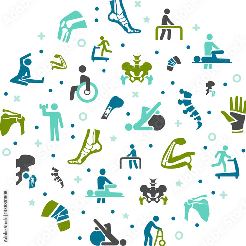 physiotherapy / orthopaedics vector illustration. Concept with connected icons related to skeletal and bone anatomy, physical therapy or chiropractic treatment.