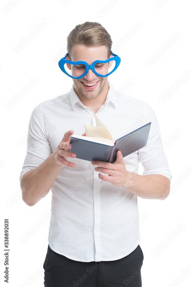 Reading is fun. Happy man read book isolated on white. Funny guy enjoy reading in fancy glasses. Bibliophile. Reading story. Using imagination. School and education. Reading makes you more creative Reading is fun. Happy man read book isolated on white. Funny guy enjoy reading in fancy glasses. Bibliophile. Reading story. Using imagination. School and education. Reading makes you more creative