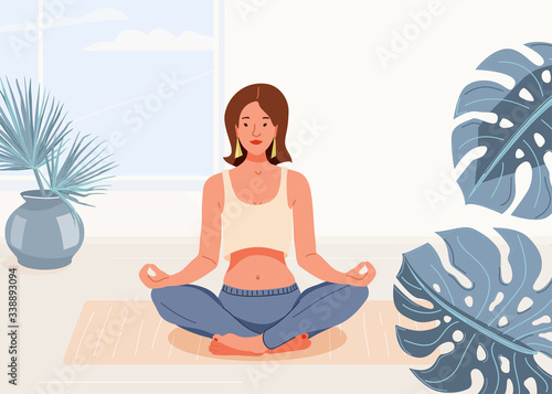 Woman yoga at home vector background illustration. Beautiful girl sit in yoga lotus pose. Happy relaxed black female character performing meditation exercise