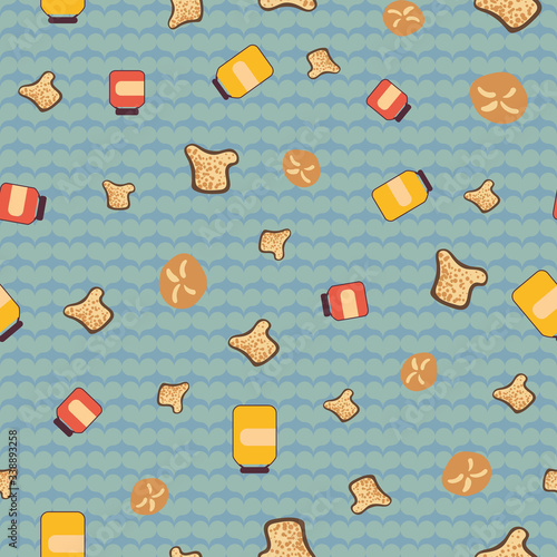 Bread, yam, and honey seamless vector pattern. Food themed surface print design. Fora fabrics, stationery, background, and packaging.