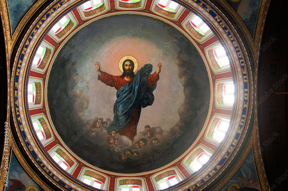 Jesus Christ, dome fresco in the church of Agios Nikolaos in Hermoupolis, Syros, Greece.