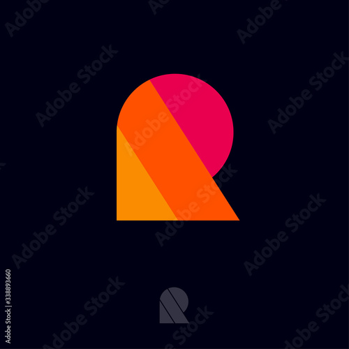 R logo. R letter. Multi color geometric elements as R monogram. Seventies Retro style logo. Monochrome option.