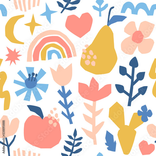 Cut out shapes seamless pattern on white background with rainbows, fruits and flowers. Contemporary trendy texture for fabric and cover design in childish style. Cute collage.
