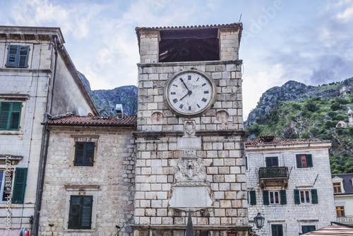 17th century Clock Tower on Arms Square - main square of historic part of Kotor city  Montenegro