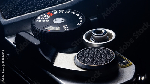 Macro Photography of an Old Film Camera DIal, Shutter Release, and Winding Lever
