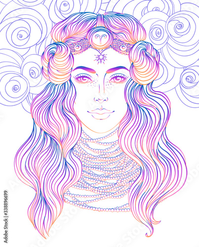 Illustration of Aries astrological sign as a beautiful girl. Zodiac vector gradient drawing isolated over white. Future telling, horoscope, alchemy, spirituality. Coloring book for adults.