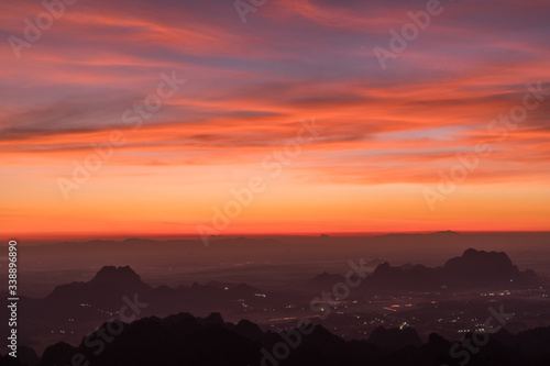 View of the sunrise over the countryside from the summit of Mt. Zwegabin  Hpa-An  Myanamr