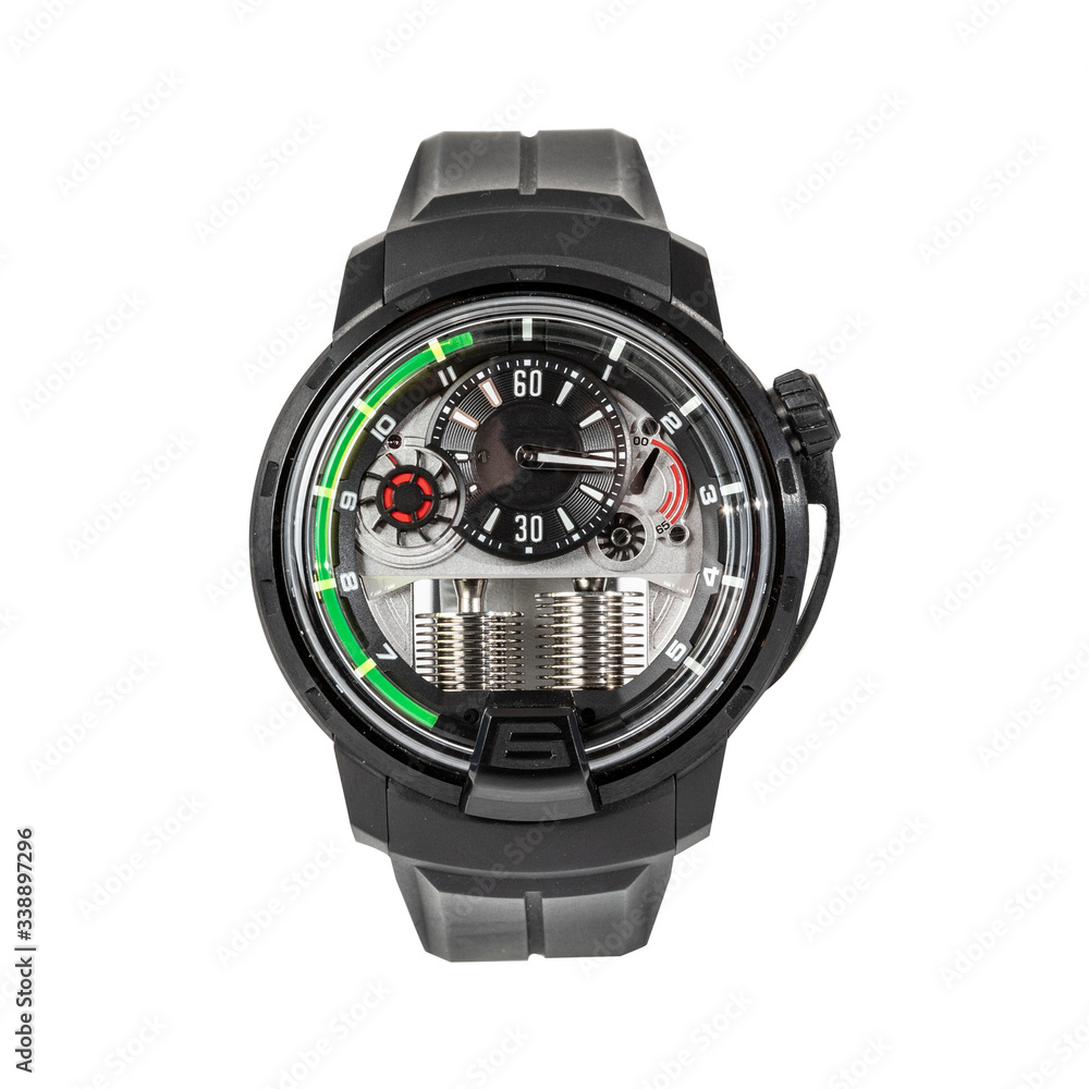 Black chronograph watch with a titanium case and with a black rubber strap, front view isolated on white background Black chronograph watch with a titanium case and with a black rubber strap, front view isolated on white background