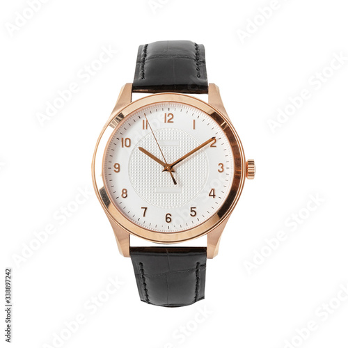 Luxury rose gold watch isolated on white. Classic watch with a white dial. Automatic wristwatch with a black leather strap, front view