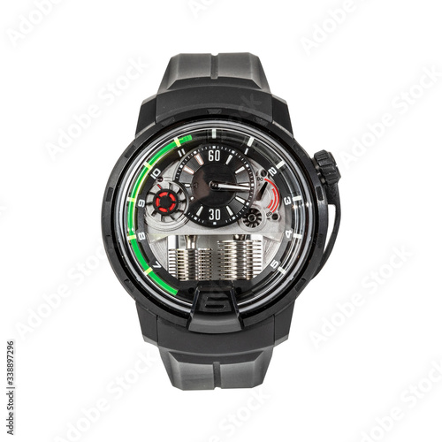 Black chronograph watch with a titanium case and with a black rubber strap, front view isolated on white background