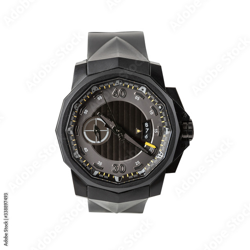 Black luxury titanium chronometer watch with black Physical vapor deposition and with rubber strap, front view isolated on white background