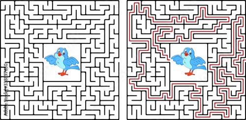 Maze game or activity page for kids Help every bird to get back to the birdhouse village. Answer included.