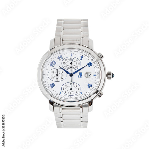 Classic oval silver watch with a black dial with a calendar and a steel strap, front view isolated on white background