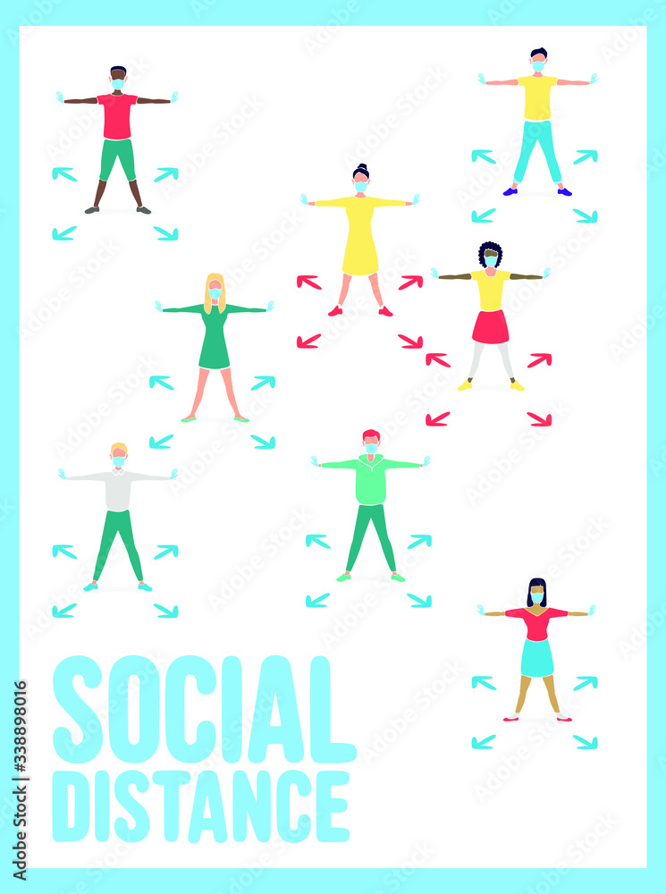 Social distance poster with with people of different nationalities and gender keeping and breaking social distance Social distance poster with with people of different nationalities and gender keeping and breaking social distance