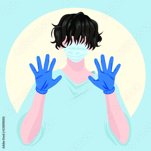 Nurse, doctor or patient in a protective disposable face mask and protective disposable gloves on hands