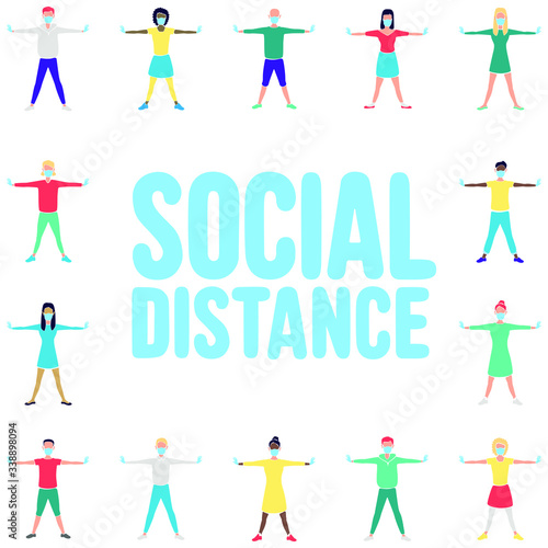 Social distance illustration with with people of different nationalities and gender keeping social distance 