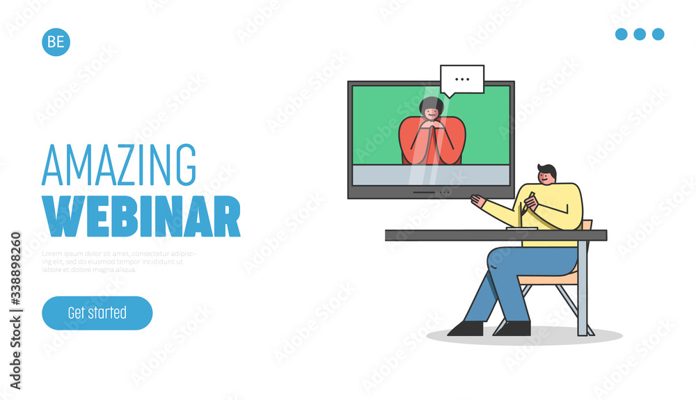 Concept Of Webinar. Website Landing Page. Male Character Takes An Online Remote Course Or Video Business Conference With Instructor. Web Page Cartoon Linear Outline Flat Style. Vector Illustration