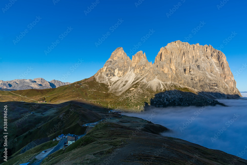 Cloud sea at Sella mountain pass between the provinces of Trentino and South Tyrol, Dolomites