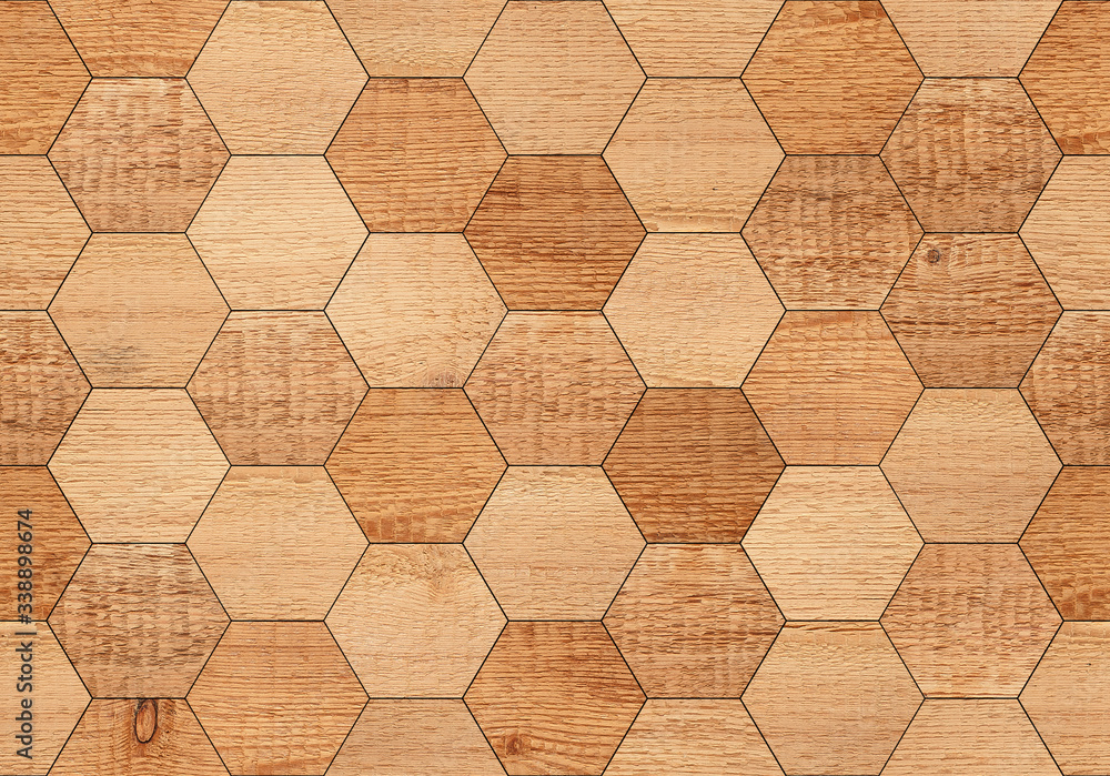 Natural wood texture for background. Seamless brown wooden wall with  hexagonal pattern. 