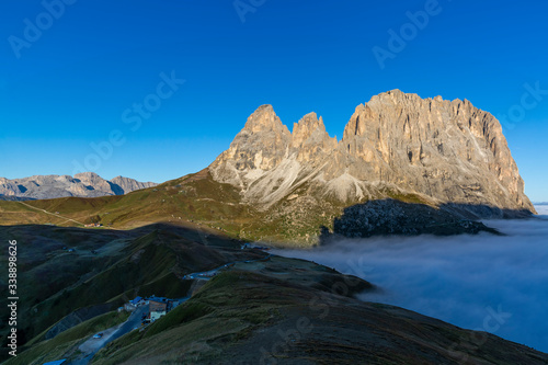 Cloud sea at Sella mountain pass between the provinces of Trentino and South Tyrol, Dolomites