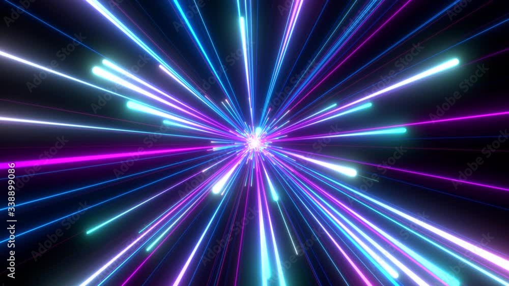 Looped animation. Interstellar travel through space and time at the speed of light. Bright neon blue and violet laser beams on dark background. Colorful fireworks. 3d rendering. Looped animation. Interstellar travel through space and time at the speed of light. Bright neon blue and violet laser beams on dark background. Colorful fireworks. 3d rendering.