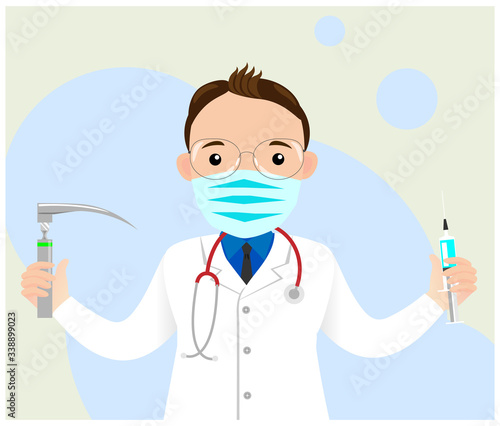 Male anesthesiologist doctor. Doctor in medical mask with stethoscope and professional equipment. Medicine online. Stay home. Flat vector illustration. 