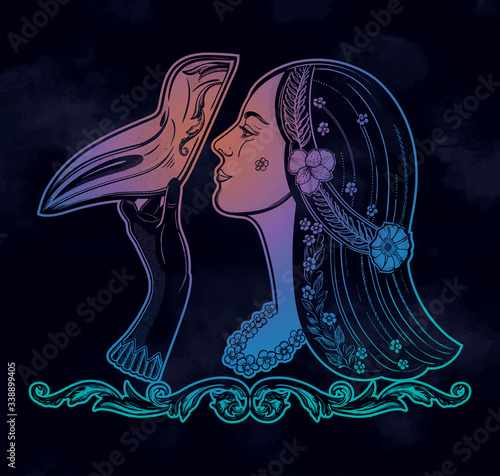 Girl with plague doctor mask. Medieval gothic venetian mask. Isolated vector illustration.
