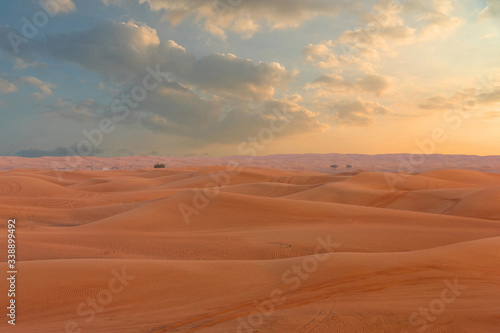 Sand desert natural sunset picturesque landscape, United Arab Emirates, Dubai.