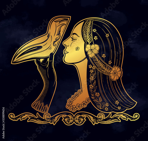 Girl with plague doctor mask. Medieval gothic venetian mask. Isolated vector illustration.