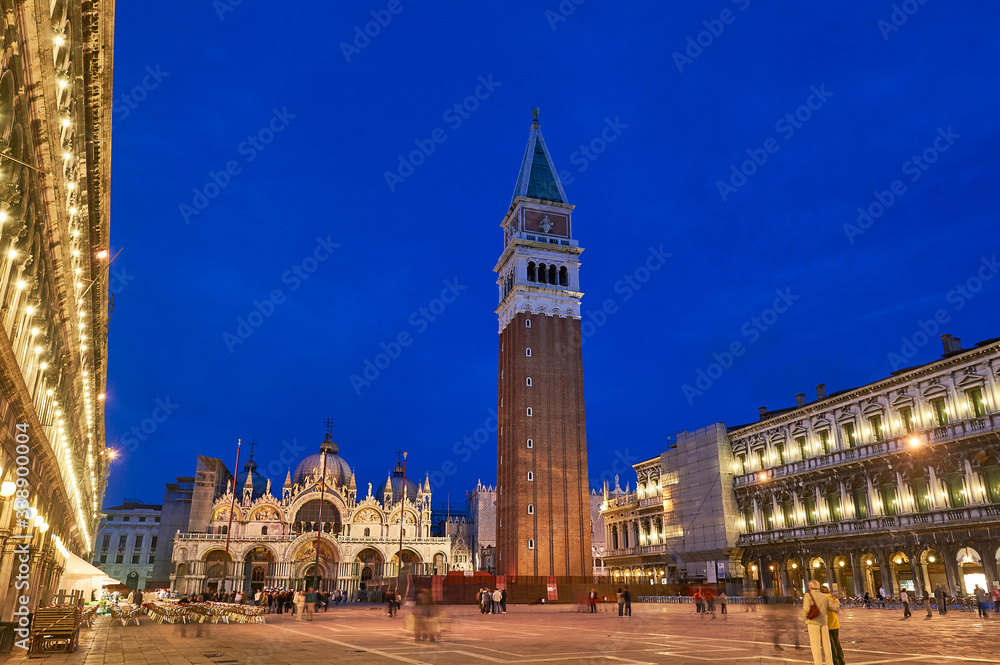 Campanile and St Marks Square at night, San Marco, Venice, Italy