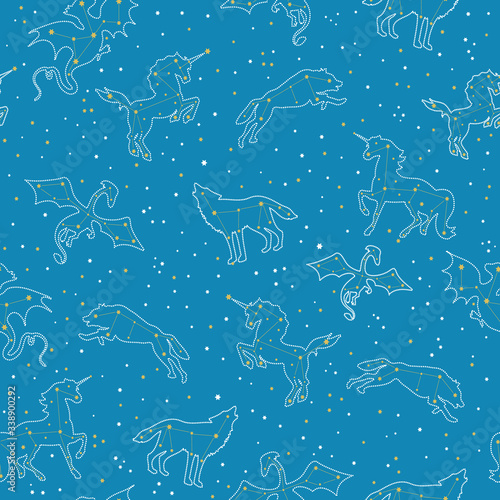 Mythical animal star constellations on blue background. Great for home decor, wrapping, scrapbooking, wallpaper, gift, kids. 