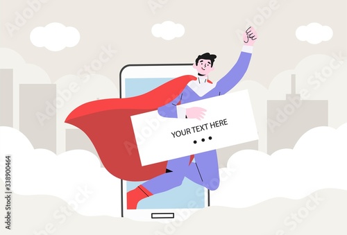 Smiling superhero in a costume coming out from smartphone holding banner or placard with space for text or information about discounts, sales. Concept of mobile or social network advertisement.