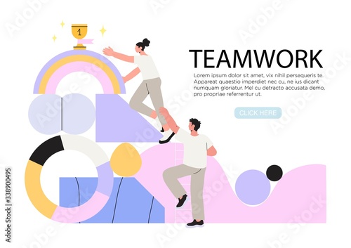 People climbing abstract mountain and trying to rich first place or golden trophy cup. Concept of business success, reach new hights, leadership, career achievements through teamwork and cooperation.