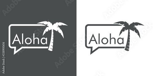 Destino de vacaciones. Logotipo con texto Aloha en globo de habla con palmera en fondo gris y fondo blanco