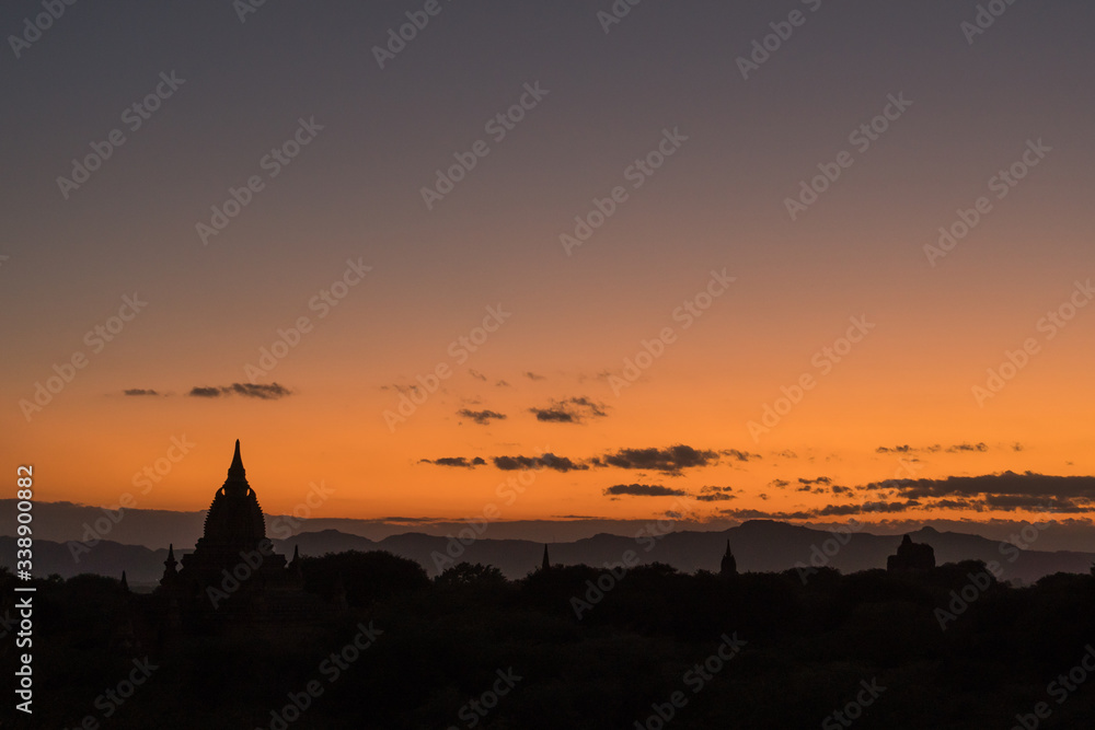 Sunset view over and unnamed pagoda from the Somingyi Pagoda in Bagan, Myanmar