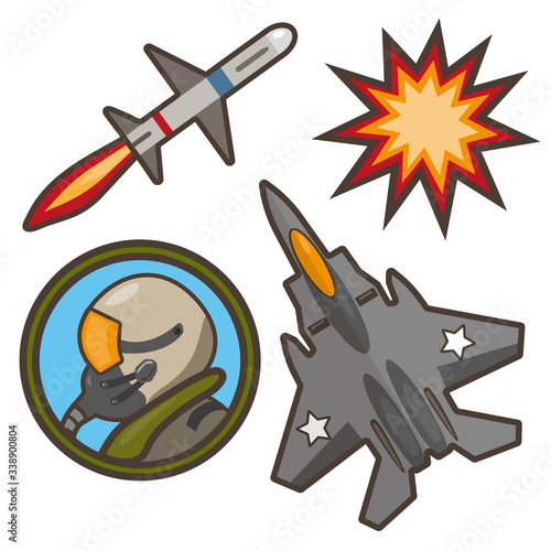 A funny set of stickers on the theme of military aviation: fighter, missiles, pilot, explosion.