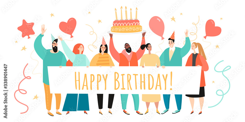 Vector birthday greeting banner template with cartoon characters holding a poster and cake, with balloons and stars on a white background. Men and women congratulate a colleague or friend
