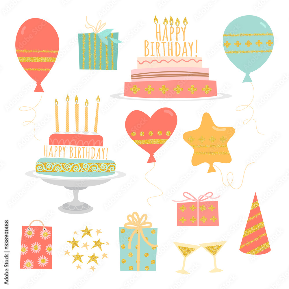 Set of vector birthday images isolated on a white background - cakes with candles, gifts and balloons Set of vector birthday images isolated on a white background - cakes with candles, gifts and balloons